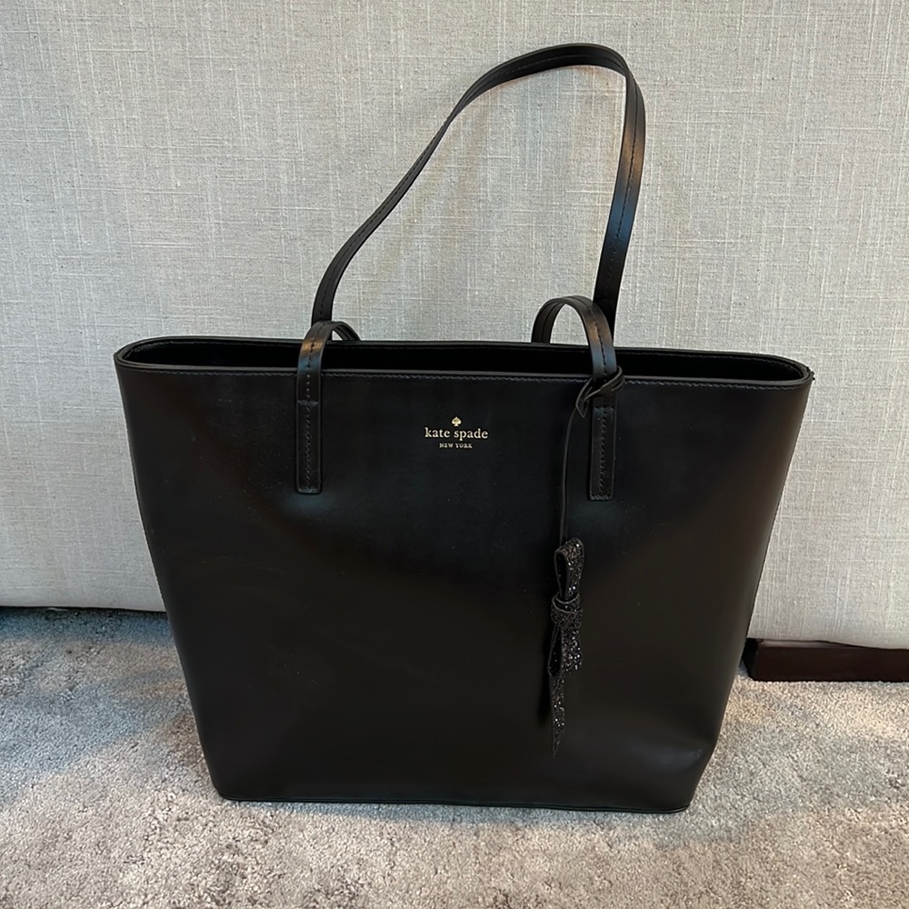 KATE SPADE Black Leather Tote Sparkle Bow